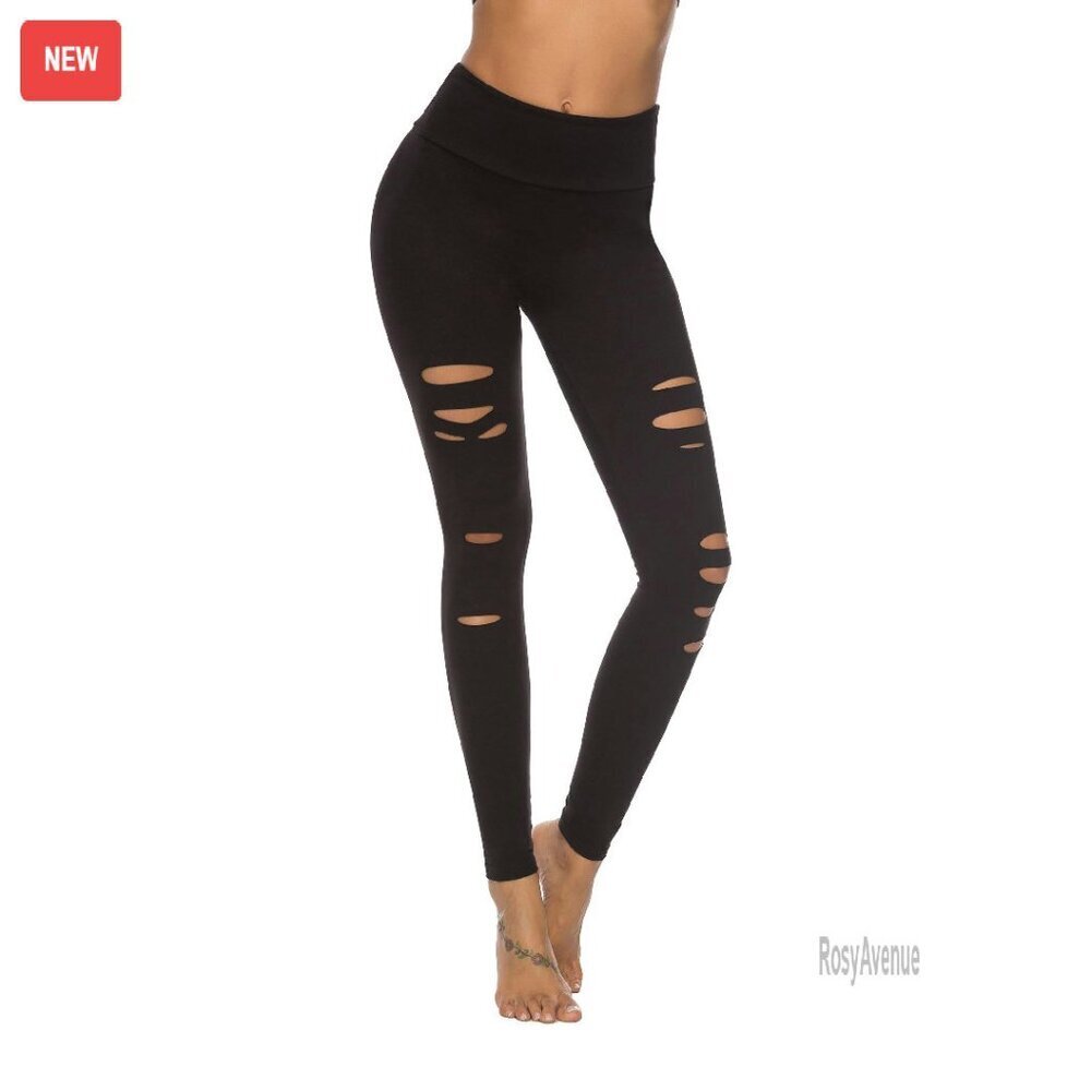 High Waist Ripped Yoga Pants Tummy Control Workout Leggings